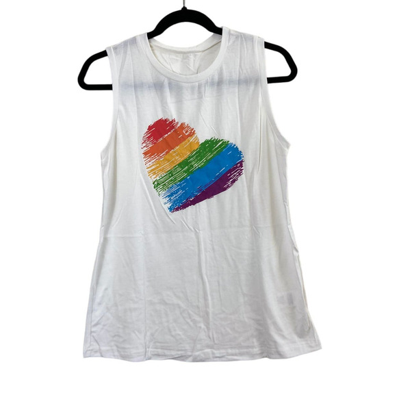 NWOT White Sleeveless Tank Top Rainbow Heart Pride Yoga Medium - Picture 1 of 9